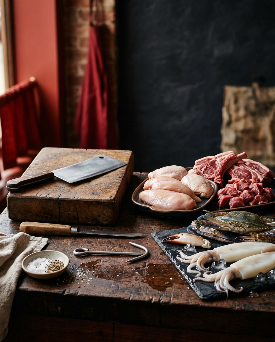Illustrative picture: the shop's counter and workspace — clean chopping block, tools and fresh produce laid out, seen from the side