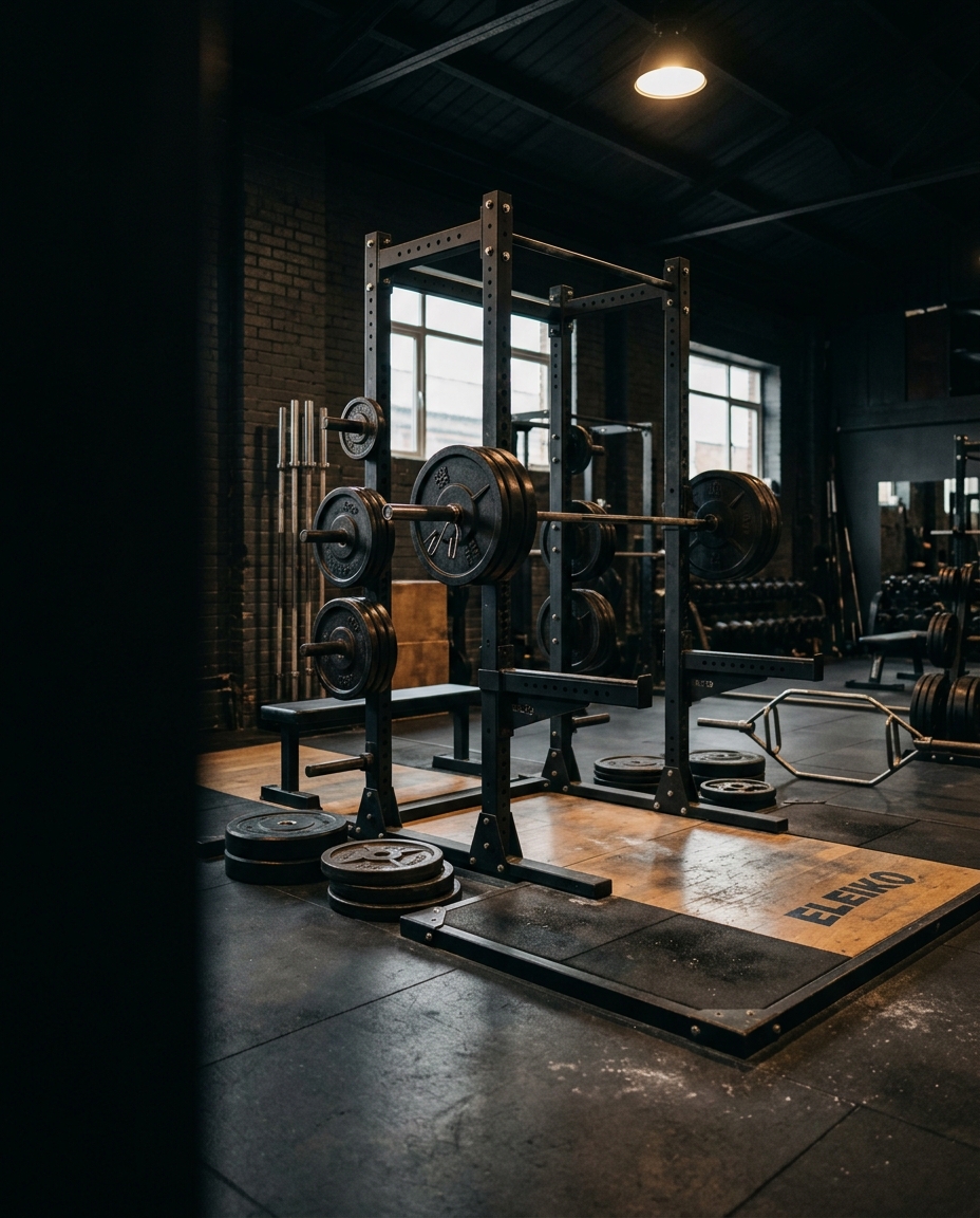 Illustrative picture: the training floor — racks, plates and a lifting platform, seen from a low angle