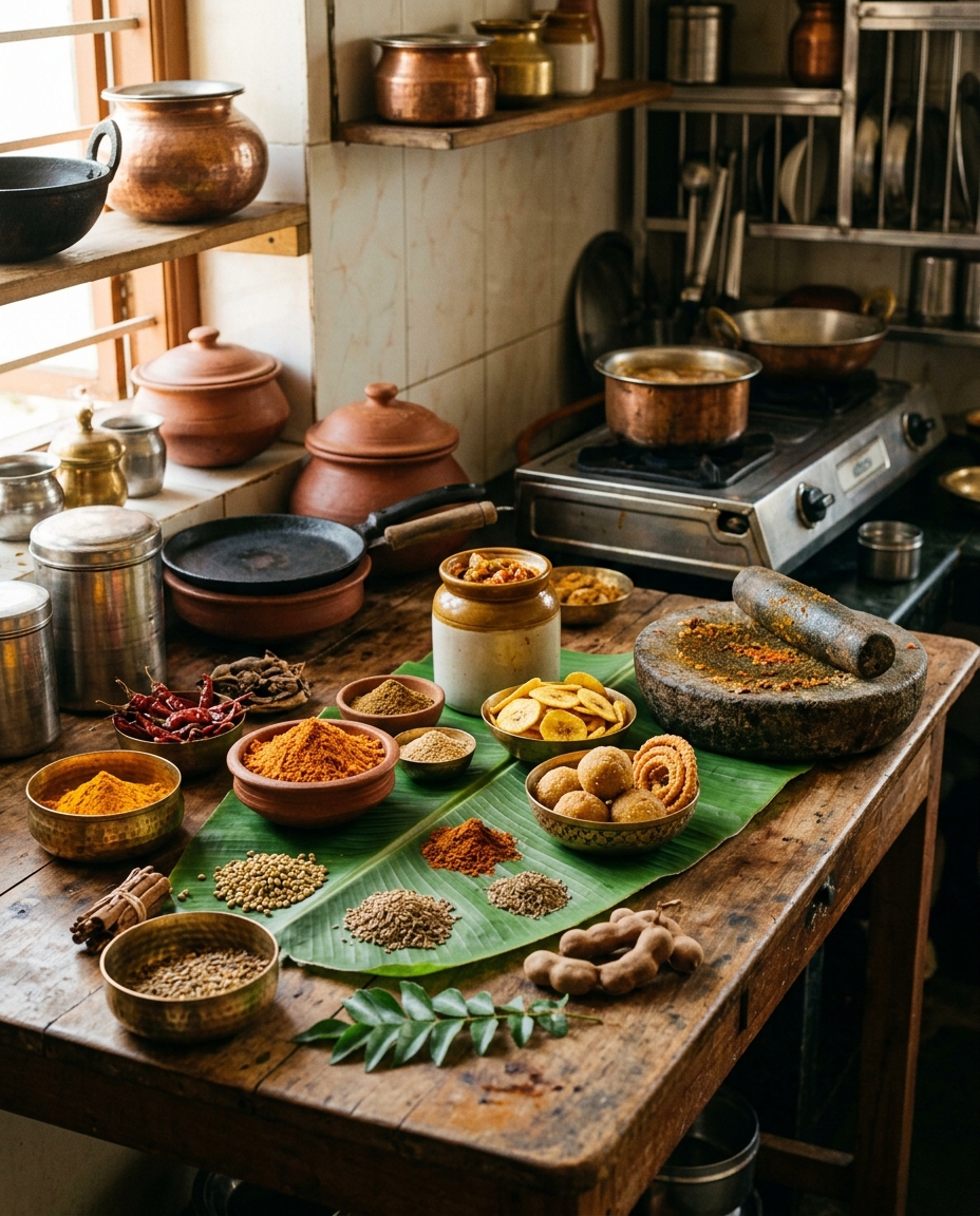 Illustrative picture: the kitchen where everything is made — spices, brass and clay vessels, a stone grinder and fresh ingredients on a worn wooden counter
