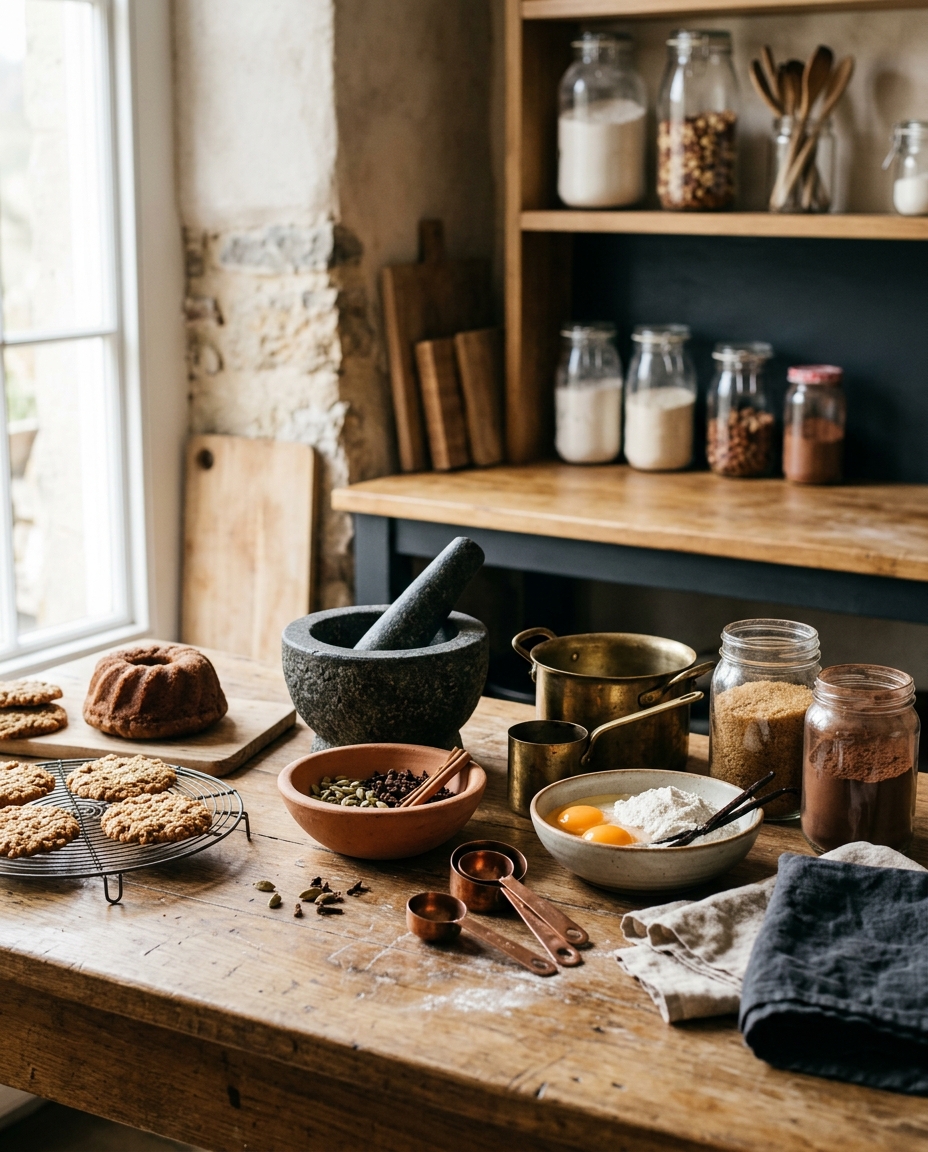 Illustrative picture: the kitchen where everything is made — spices, brass and clay vessels, a stone grinder and fresh ingredients on a worn wooden counter