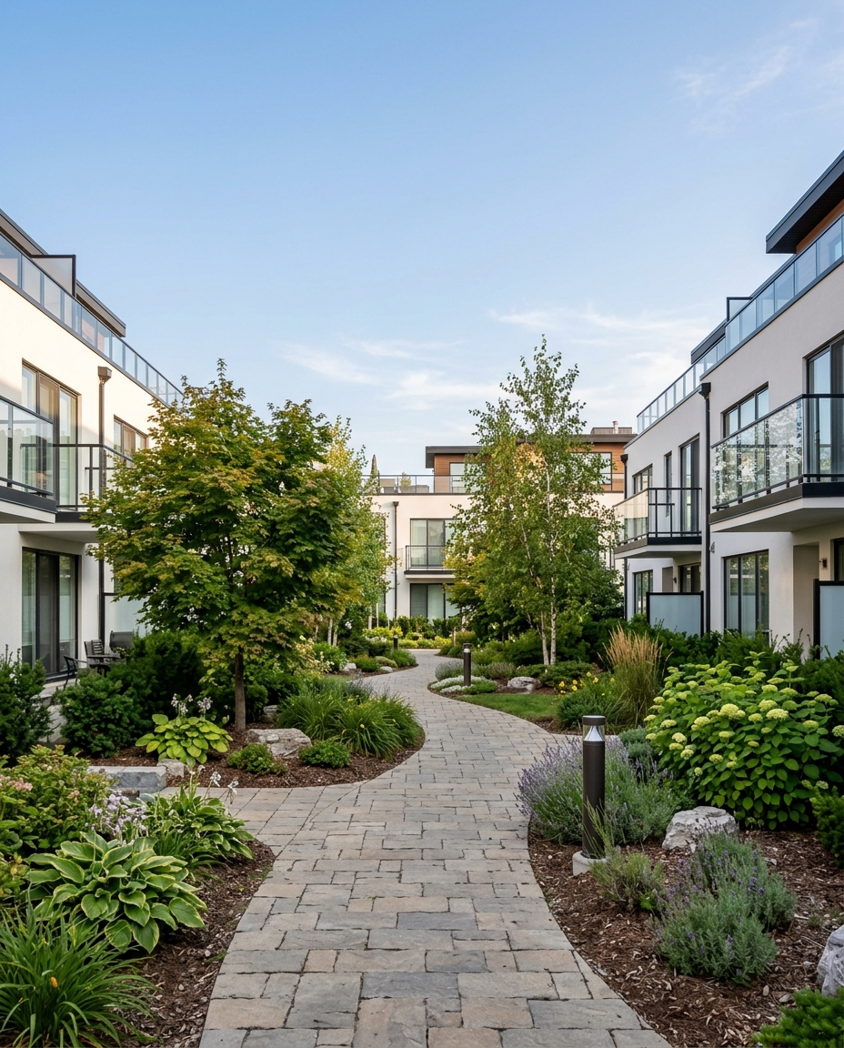 Illustrative picture: a calm landscaped courtyard between low-rise homes — a stone walkway, trees and soft evening light